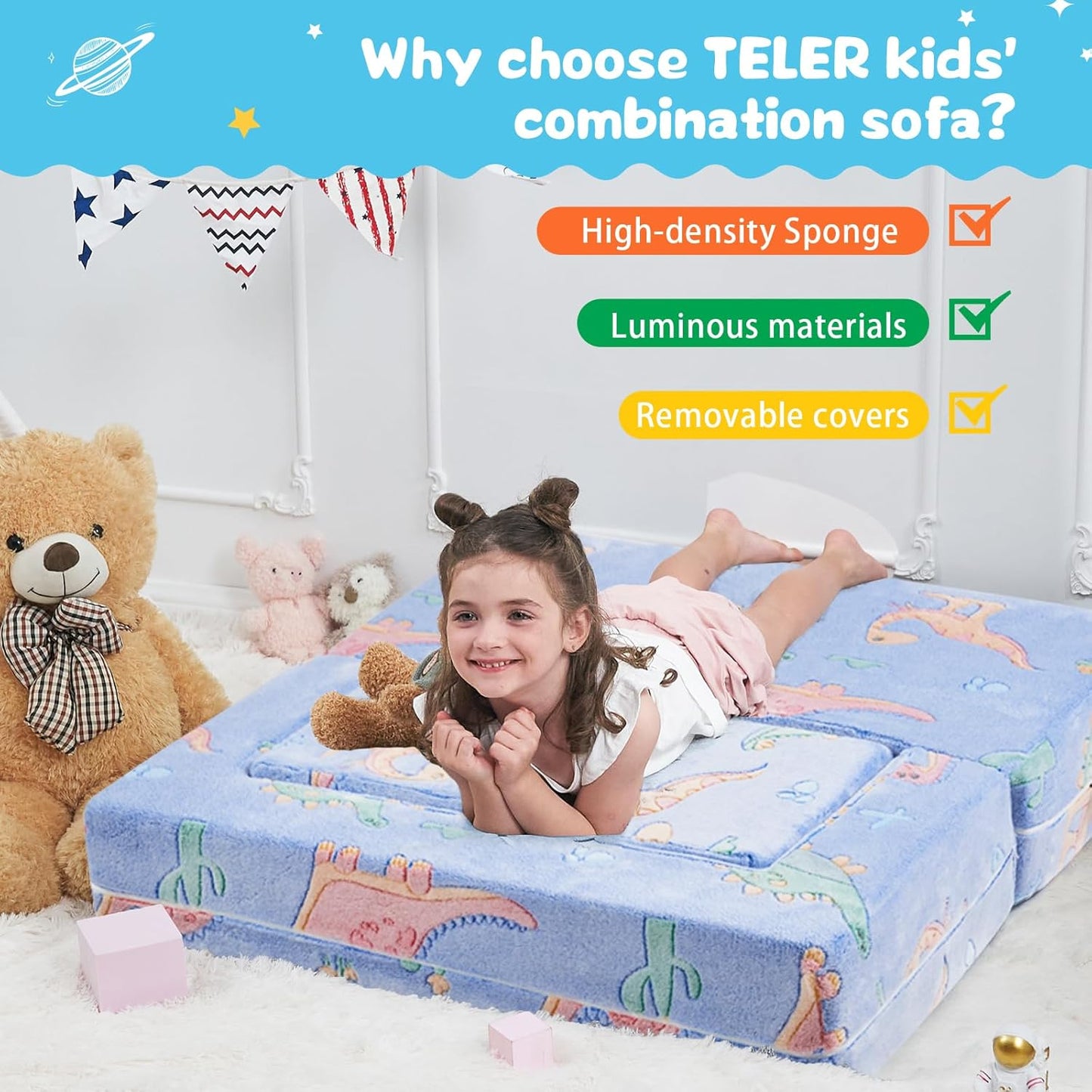 Kids Couch Sofa Modular Toddler Couch,Fold Out Kids Sofa, Blue Dinosaur