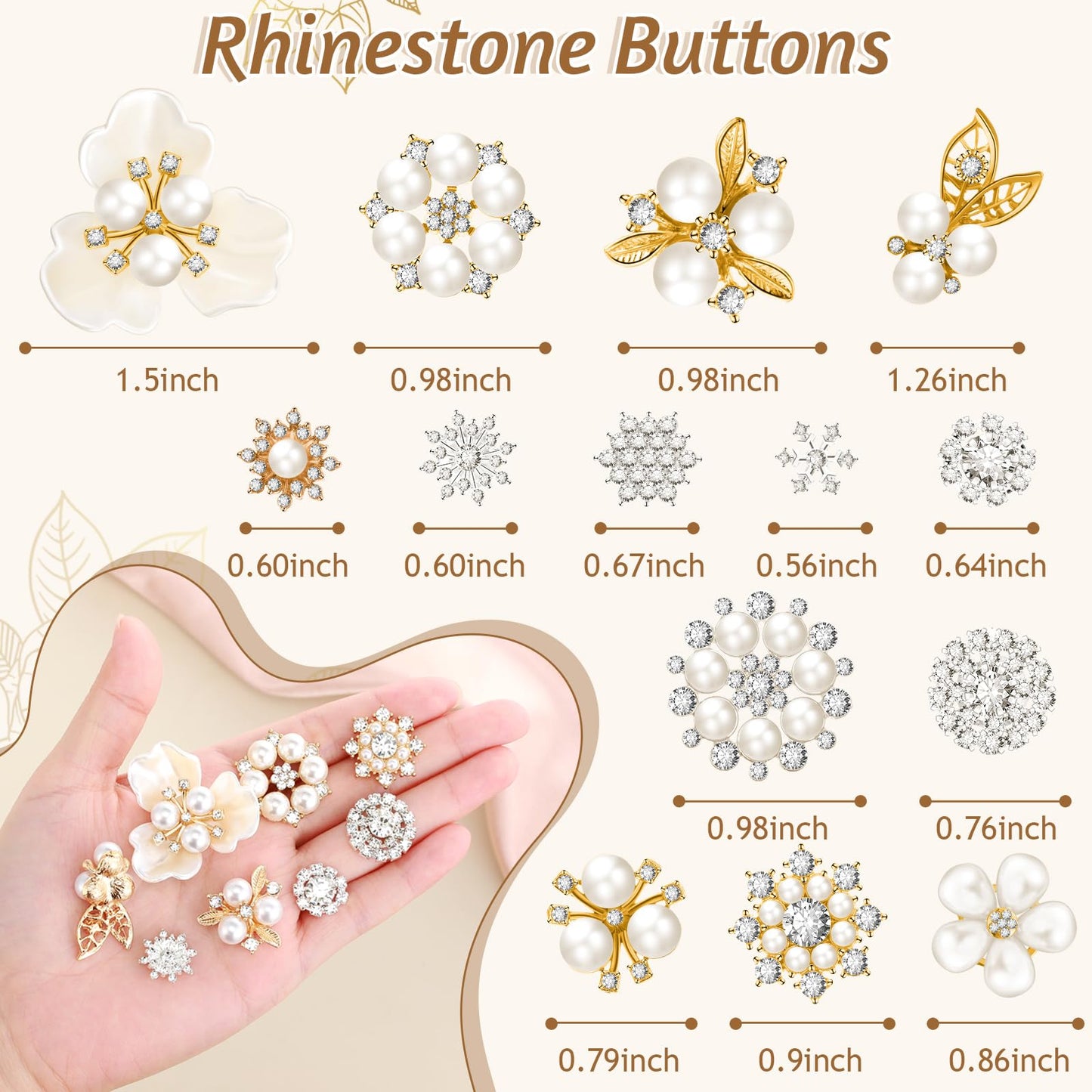 Wavwavw 40 Pcs Flat Back Pearls Rhinestone Buttons for Crafting Faux Pearl Embellishments Bulk for Jewelry DIY Craft Wedding Bouquet Hat Dress Hair Gift Decoration Party Accessories (Gold)