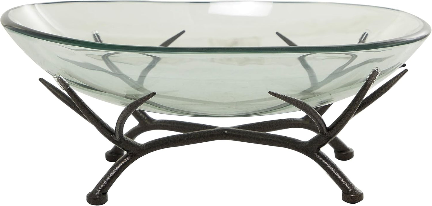 Deco 79 Glass Kitchen Serving Bowl with Black Metal Branch Stand, 17" x 13" x 8", Clear