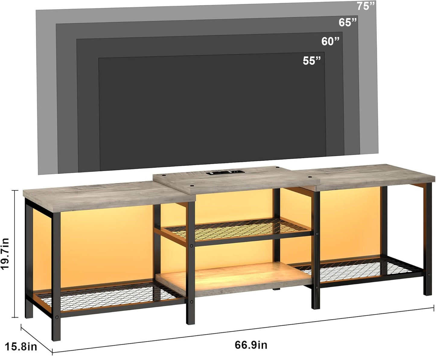 GarveeHome TV Stand with LED Lights for 55/65/75 Inch TV, 67 Inch Large Entertainment Center with Power Outlets, Media Console for Living Room, Bedroom, Grey