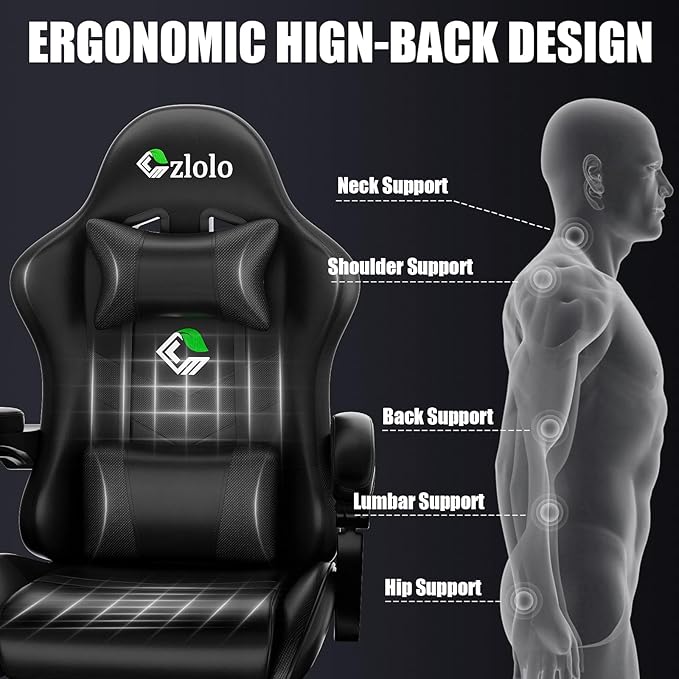 Gaming Chair with Footrest Racing Style Lumbar Support Massager Video Game Chair with Metal Legs, High Back Gamer Chair with Headrest, 360° Swivel Office Computer Desk Chair, Black