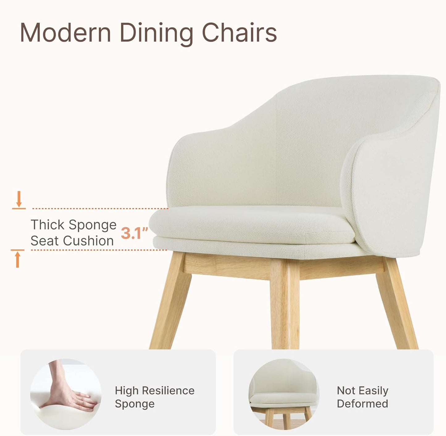 Wooden Dining Chairs Set of 2, Fabric Upholstered Modern Dining Room Chairs with Barrel Backrest & Double-Layer Thick Cushion for Living Room, Restaurant, Kitchen and Café, Beige