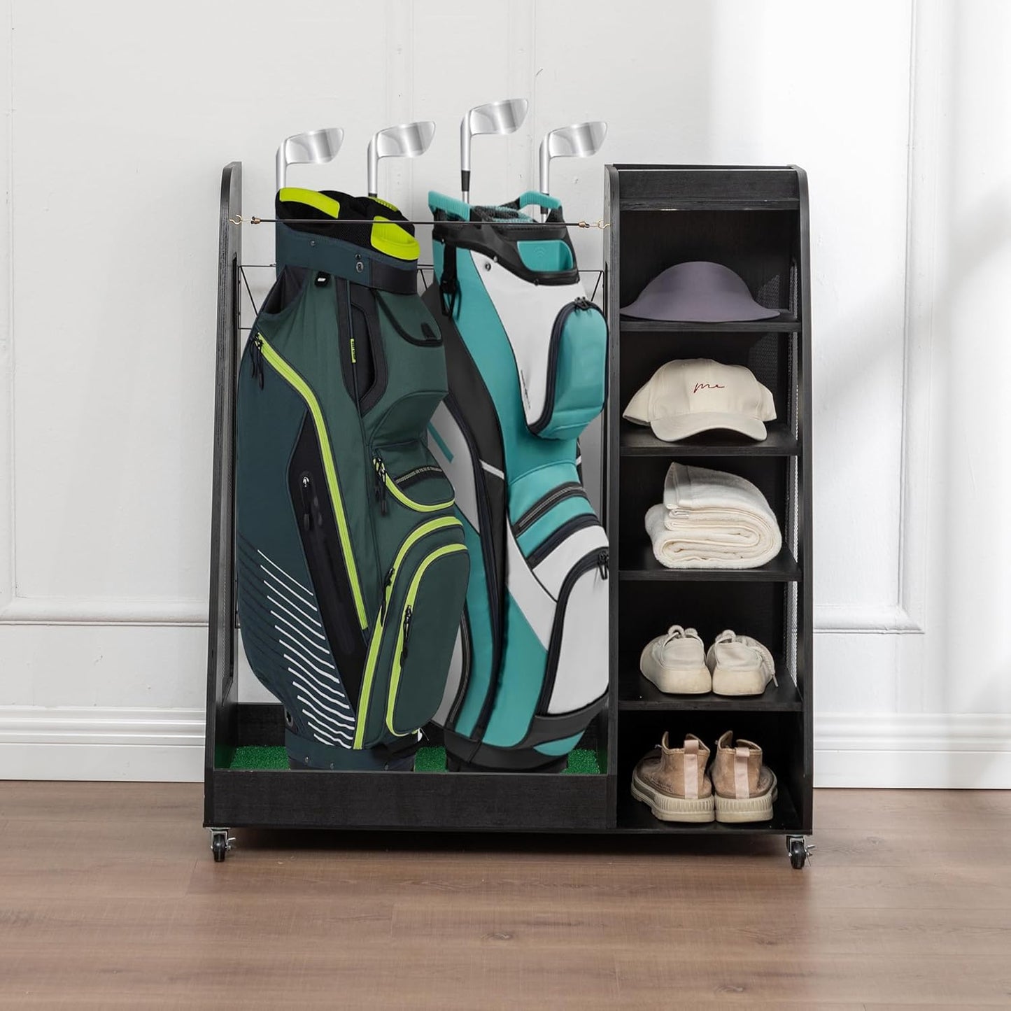 Wooden Golf Bag Organizer and Storage Rack, Wooden 2 Golf Bag Rack with Drawers, Easy to Assemble Golf Club Holder/Stand with Club Holders on Side