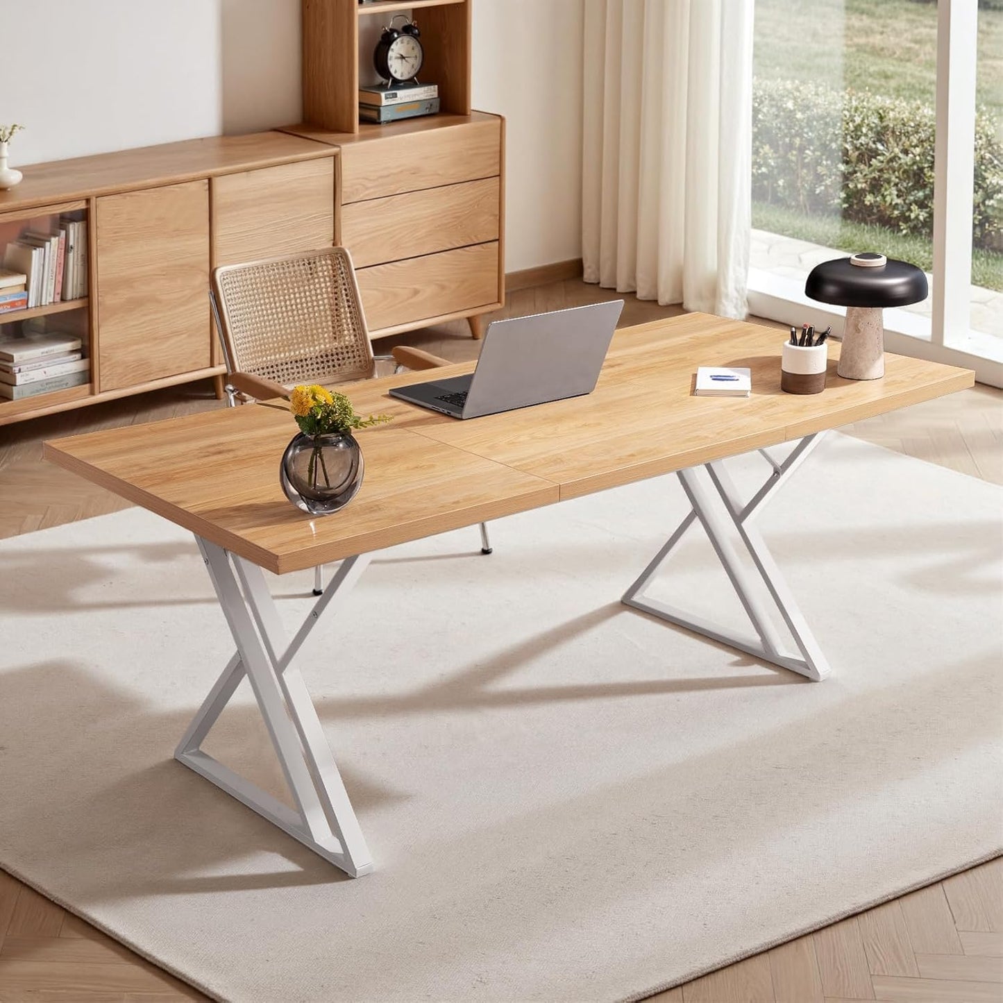 70.9Inch Office Desk, Executive Office Desk，Modern Industrial Style, Z-Shaped Table Legs, Country Black Wood Grain Top, for Home Office, Study, Conference (Natural)