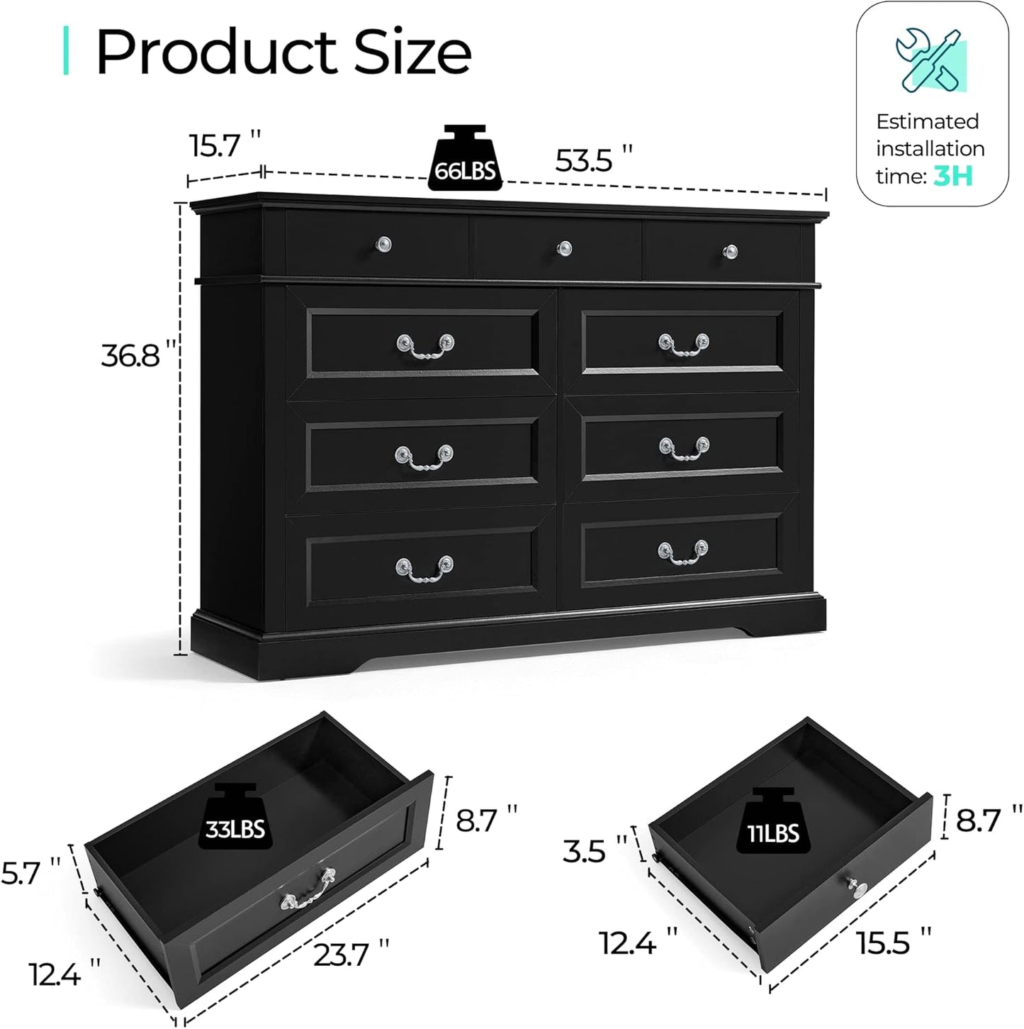 LINSY HOME Farmhouse Dresser for Bedroom, 9 Drawer Bedroom Dresser with Antique Handles, Wood Chest of Drawers for Nursery, Living Room, Entryway and Hallway, Black