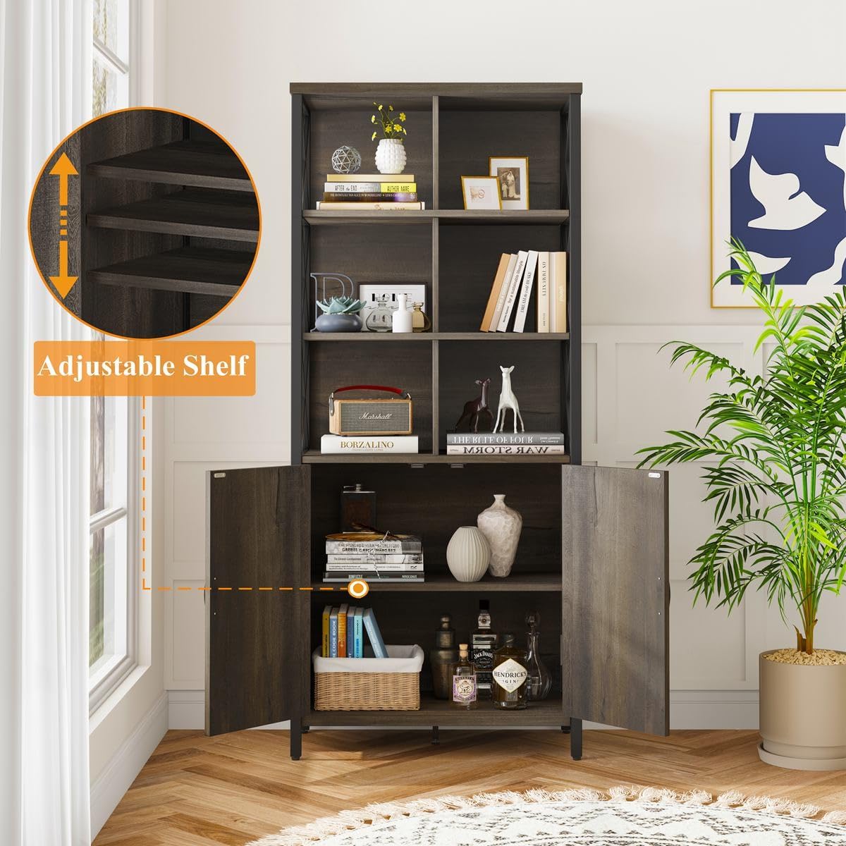FATORRI Industrial Tall Bookshelf, Rustic Bookcase with Doors, 6 Cube Storage Organizer with Shelf for Living Room, Wood and Metal Book Shelf for Home Office (Walnut Brown)