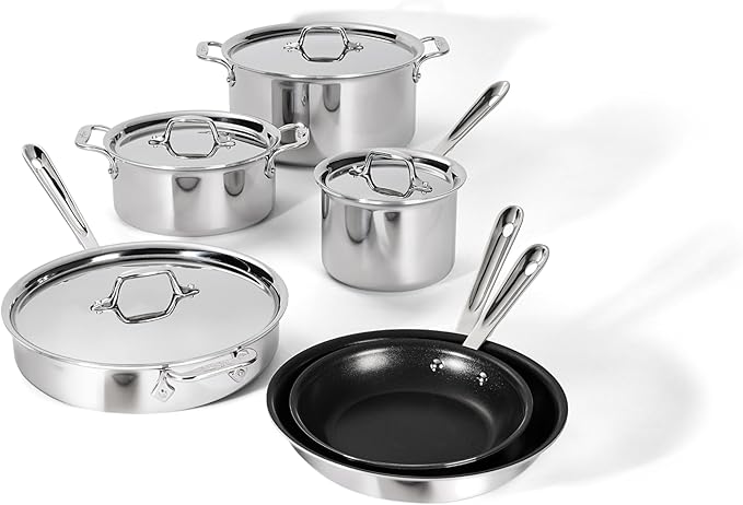 All-Clad D3 3 Ply Stainless Steel Nonstick Bonded Cookware Set 10 Piece, Oven Broiler Safe 600F, Kitchen Cooking Set w/Frying Pan, Sauce Pan, Saute Pan, Stockpot, Professional Pots & Pans Set Silver