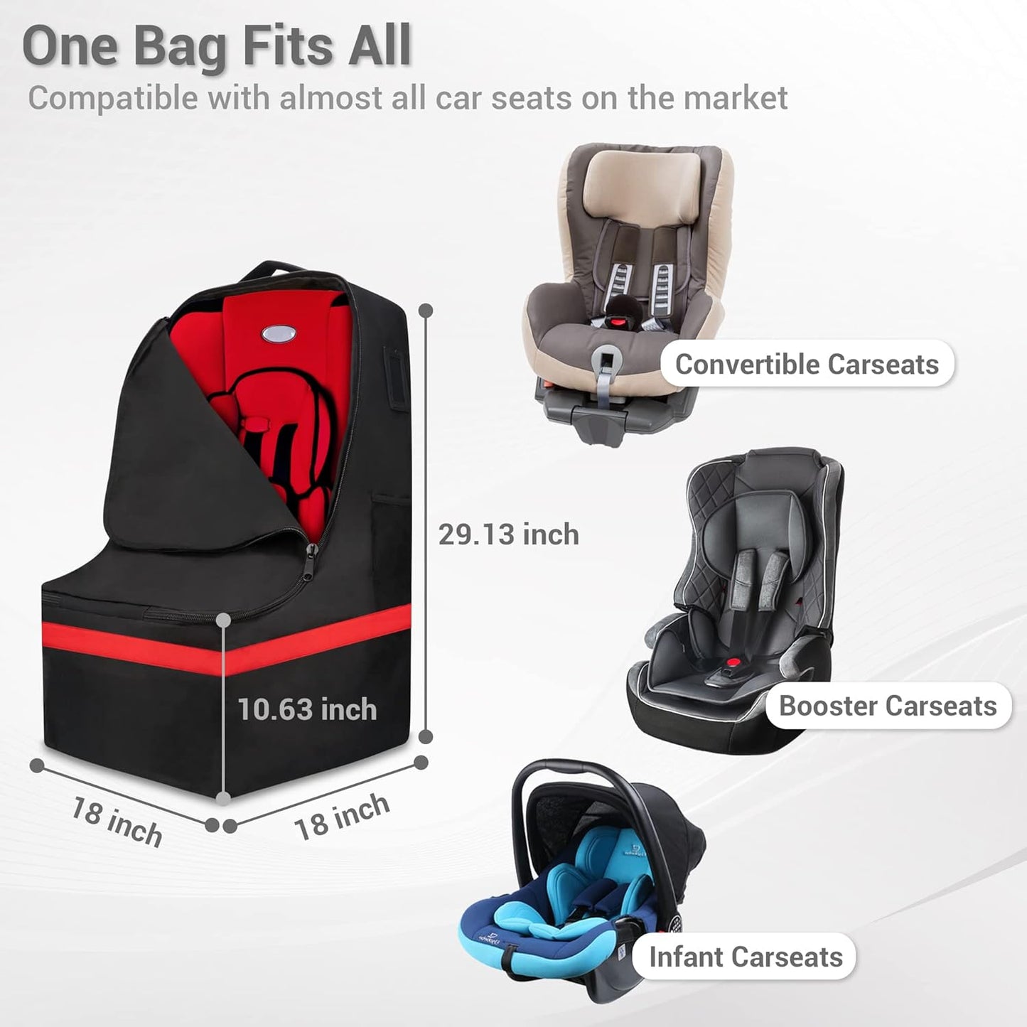 Car Seat Travel Bag - Padded, Comfortable, Durable, Roomy Gate Check Carseat Cover Backpack Fits 3-in-1，Convertible, Booster & Infant Car Seats for Airplane, Airport, Red
