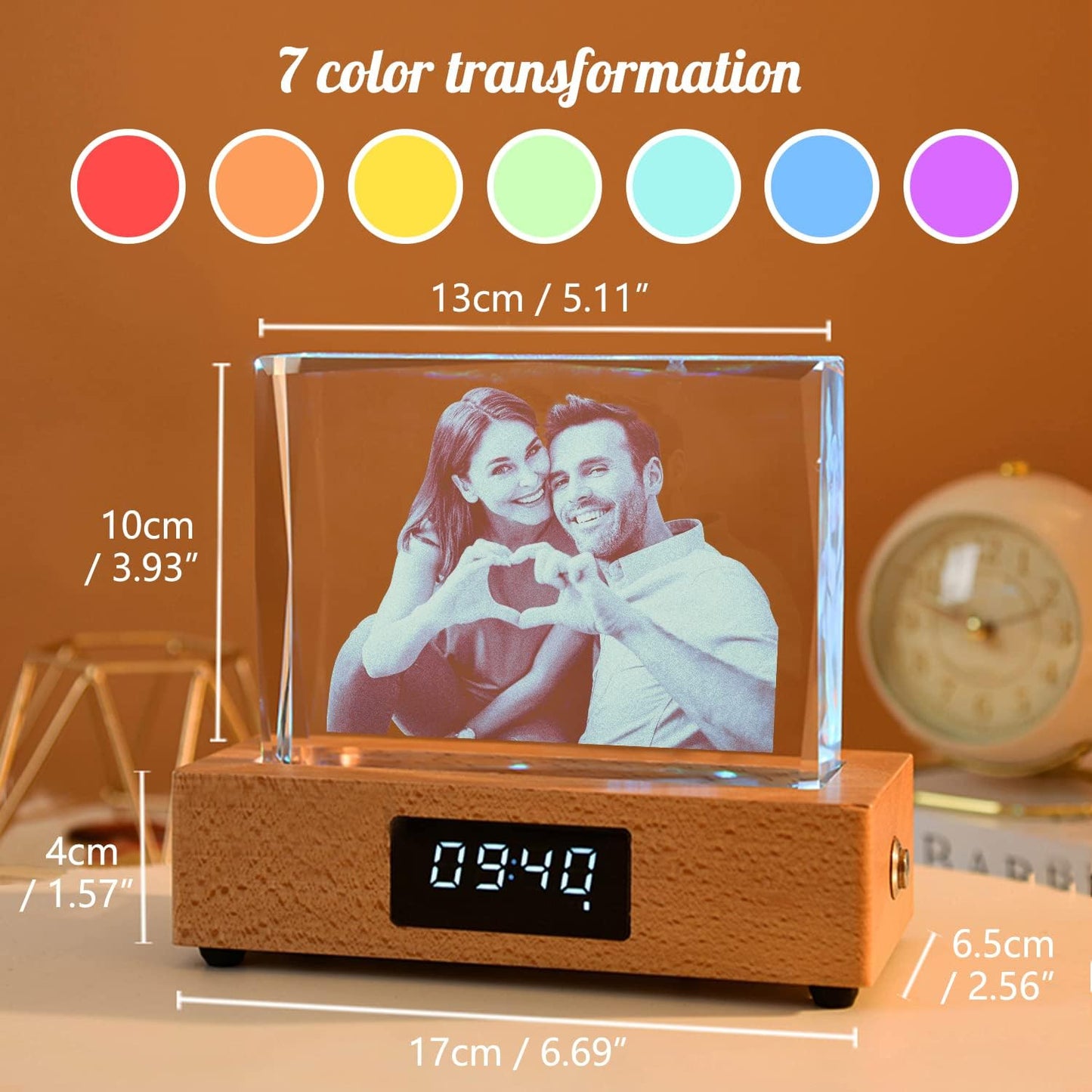 Personality Rectangular Night Light 3D Crystal Light Custom Color Photo LED Light Discoloration Belt Clock Base Personality Gift Men Women Home Office Desktop Decorations