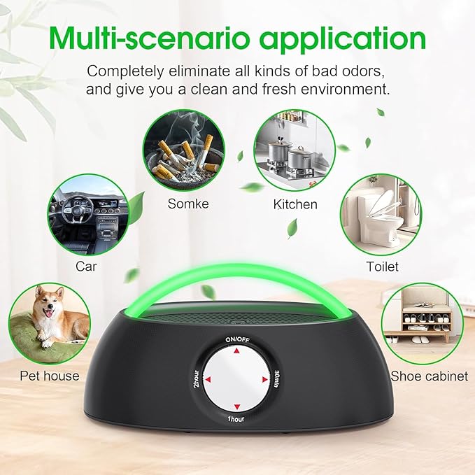 Rechargeable Ozone Generator with Negative Ion Air Purifier, 3000mAh Portable Odor Eliminator for Cat Litter Box, Pets, Kitchen, Shoe Cabinet, Wardrobe, Car & Small Spaces, Type-C Fast Charging