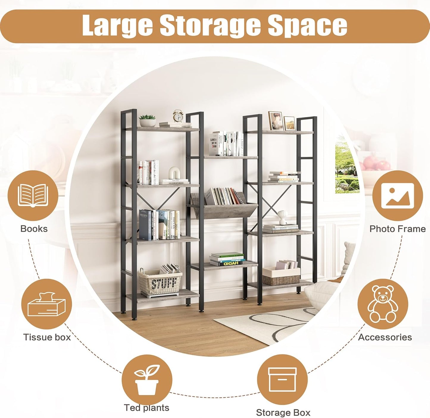 Shintenchi Industrial Bookcase,71.6” Triple 4 Tier Bookshelf with 11 Open Display Shelves,Large Etagere Bookshelf Open Record Player Shelves,Wide Book Shelf Book Case for Home & Office, Grey