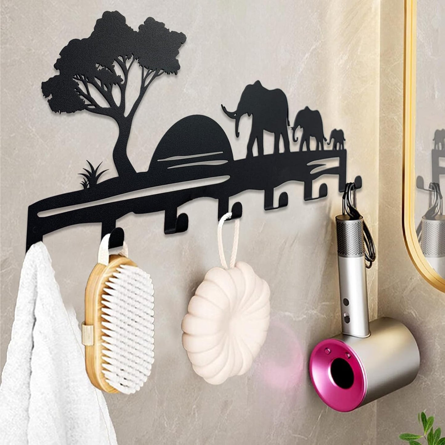 Elephant Family Metal Key Hook Rack - African Savannah Sunset Wall Decor - Practical and Artistic Key Organizer, Hallway, Kitchen, Office
