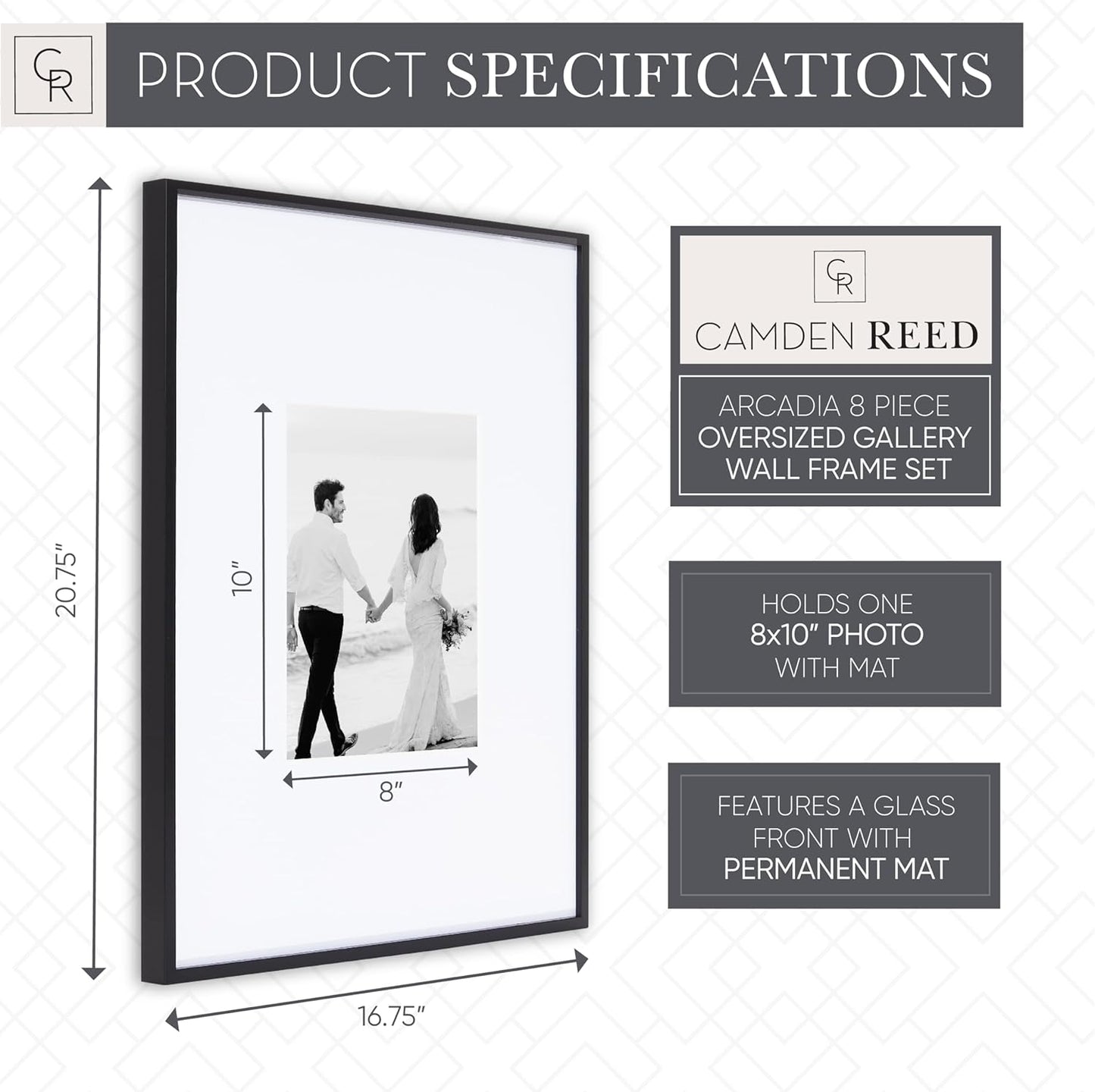 Camden Reed Arcadia 8 Piece Oversized Gallery Wall Frame, 16x20 and 16x16 Inch Matted Frames for Featuring 8x10 and 5x7 Inch Photographs or Art Prints, Black Finish