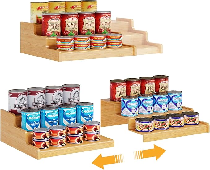 Expandable Bamboo Cat Food Can Storage for Pantry, 3-Tier Adjustable Can Organizer Shelf for Pet & Human Cans, Canned Goods & Food Storage for Cabinets, Holds Up to 24 Cans (Patent Pending)