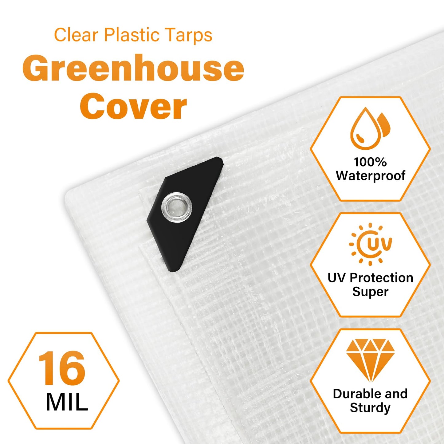 16 Mil Greenhouse Cover,Clear Plastic Tarps Heavy Duty Waterproof 16x20FT,UV Resistant Poly Clear Tarps with Grommets, Greenhouse Heavy Duty Tarp for Gardening,Farming,Nursery,Garden
