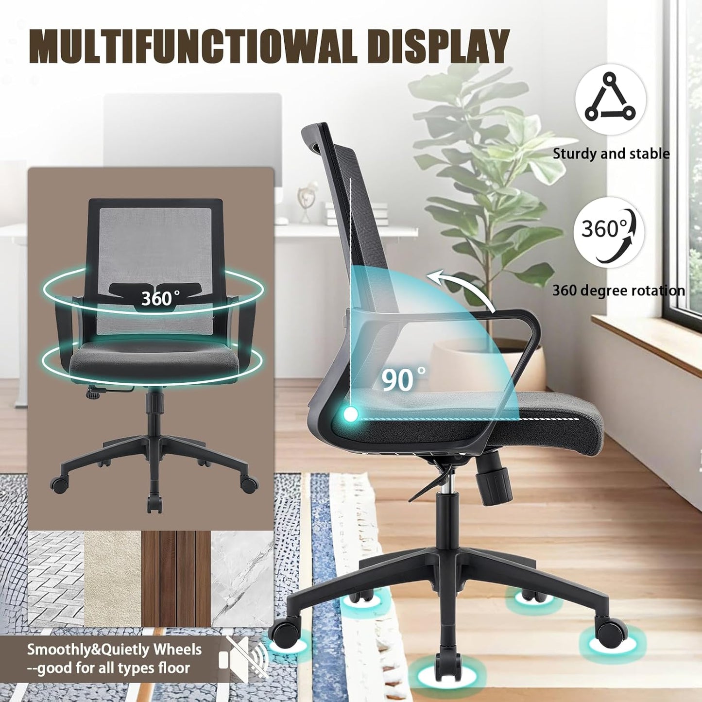 Office Chair ergonomically Designed with Breathable mesh backrest and Lumbar Support Adjustable Height Suitable for Offices Homes bedrooms Study Rooms Black