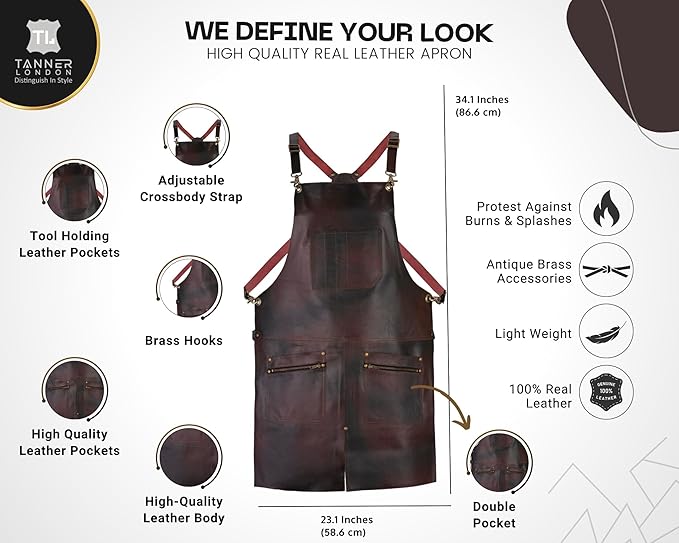Premium Leather Apron, 2 Zip Pockets, Tool Holder, Split Leg, Unisex, Brown/Black/Green