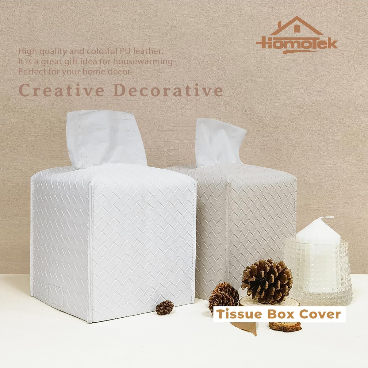 HOMOTEK 2 Pack Tissue Box Cover,PU Leather Tissue Holder,Square Decorative Facial Tissue Cube Paper Organizer Dispenser for Bathroom, Night Stands, Desk, Car 5X5X5'' - Woven Waffle, Ivory