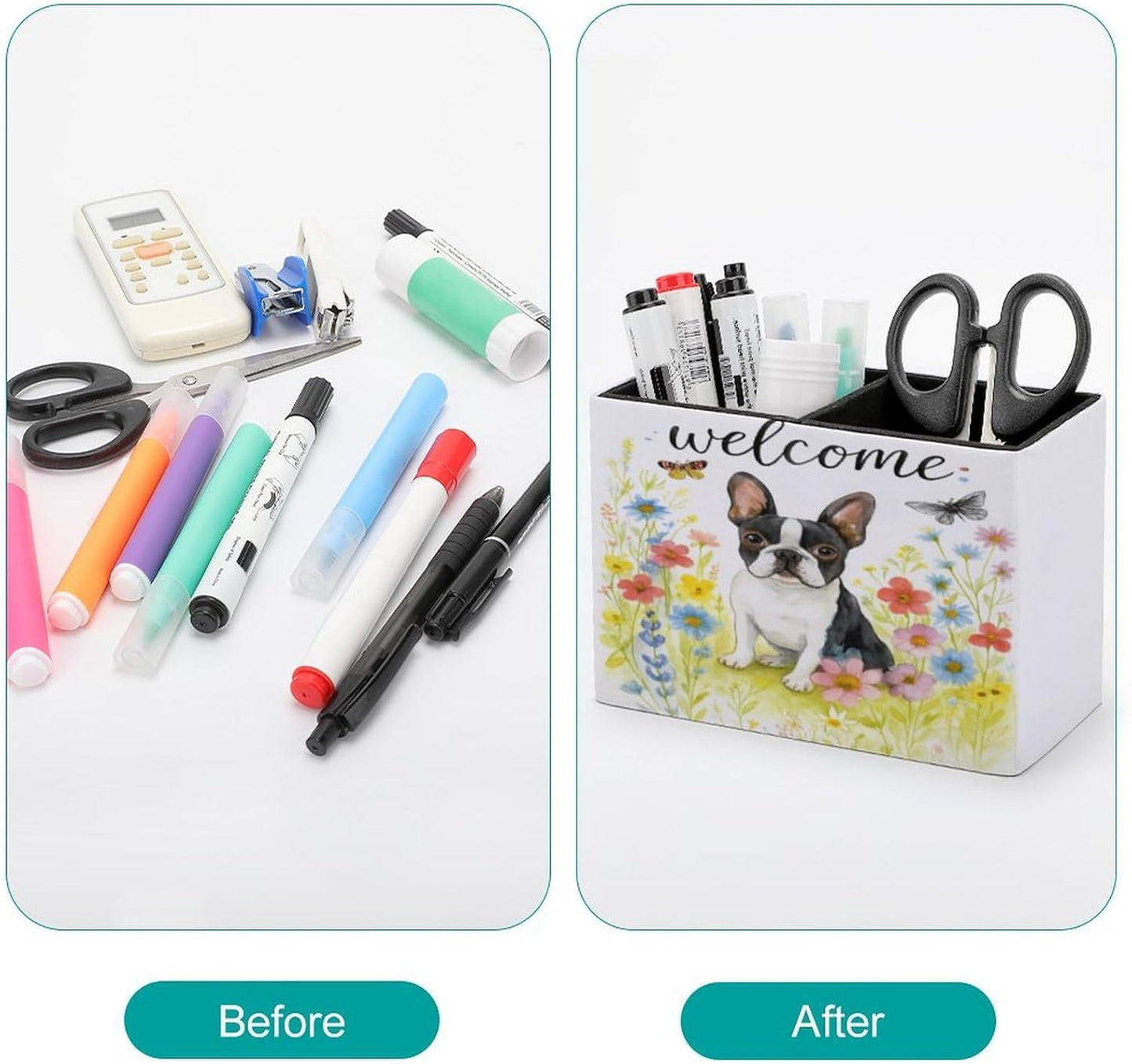 Welcome Dog Flowers Lether Pen Holder for Desk Makeup Brush Holder Office Organizer Desk Accessory for School Office