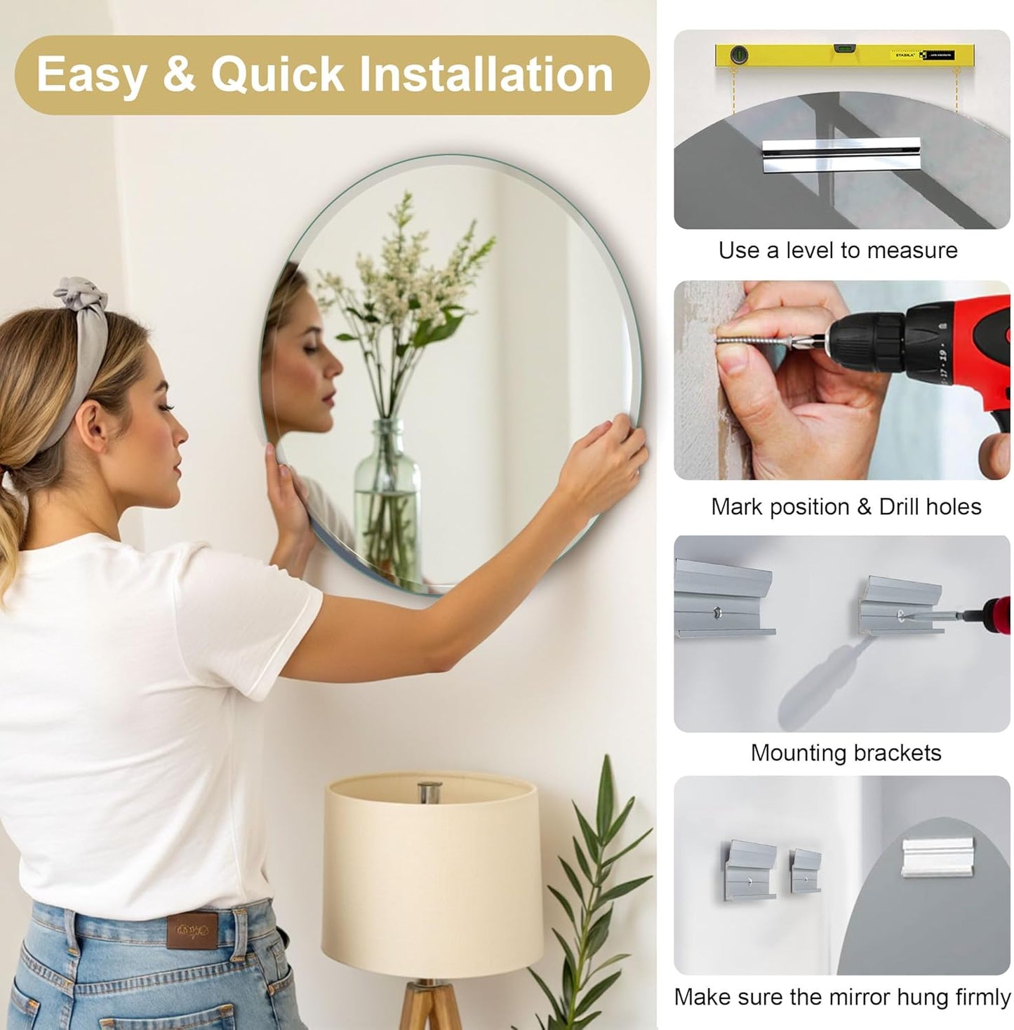 24" Frameless Beveled Round Mirror with 1" Edge for Bathroom, Entryways, Vanity Wall Decor