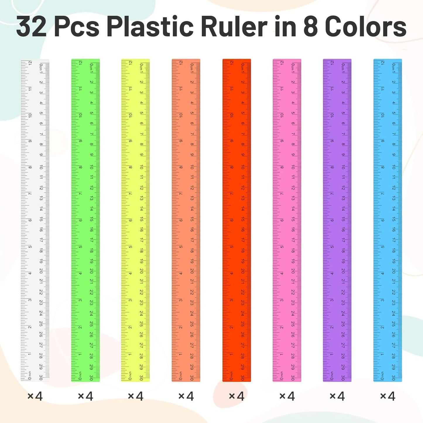 32 Packs Clear Plastic Ruler 12 Inch, 12 Inch Ruler with Centimeter and Millimeter, Plastic Metric Rulers Bulk Set Assorted Color Office Home Supplies(8 Color)