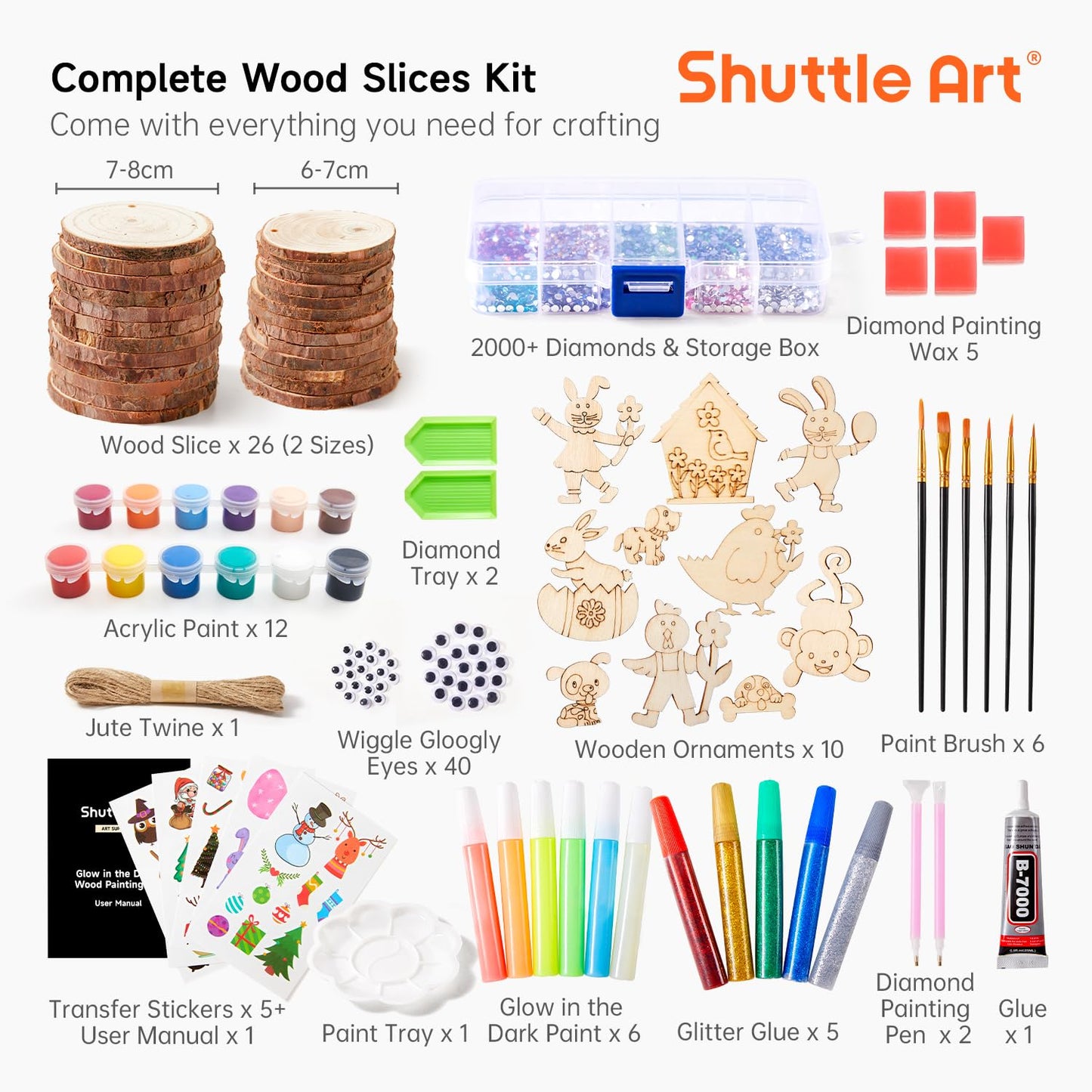 Kids Wood Painting Craft Kit, Glow-in-the-Dark Paint and Diamond Painting on Wood Slices with Stickers & Wiggle Eyes, Ideal Arts and Crafts for Kids Ages 5-12, Gifts for Halloween, Christmas, Birthday