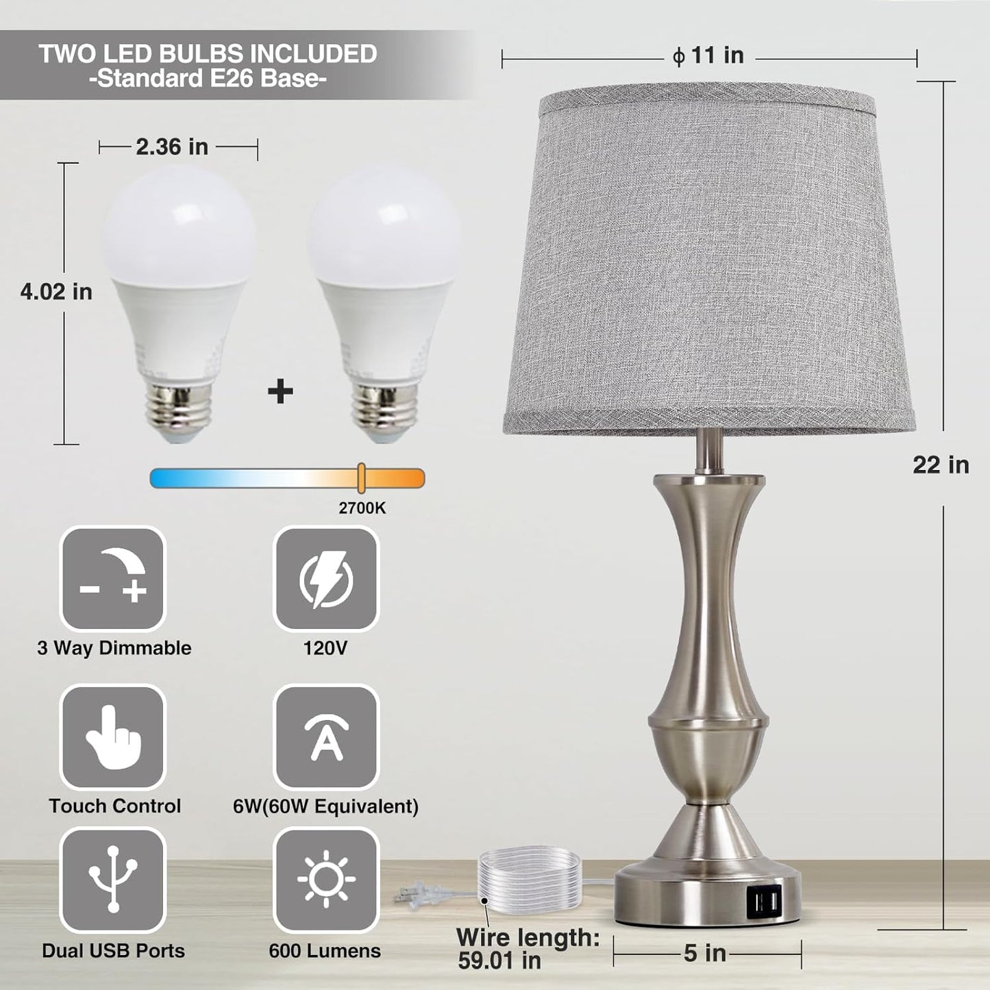 Touch Table Lamps Set of 2, 22" Tall Bedside Lamps, Nightstand Lamps with USB C+A Charging Ports, 3 Way Dimmable Lamp for Bedrooms, Living Room, Office, Silver Lamp with Grey Lampshade, Bulbs Included