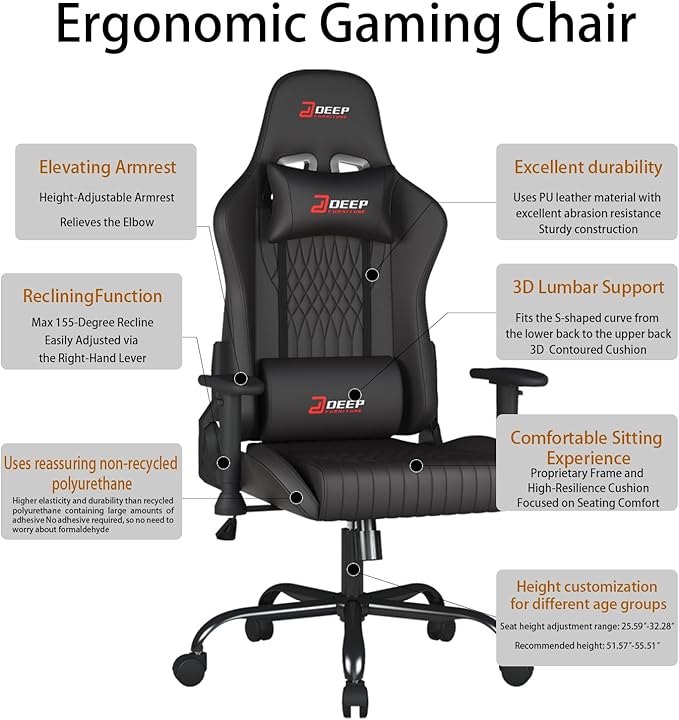 Video Game Chair Ergonomic Comfortable Gaming Office Chair Height-Adjustable with a 360° Swivel Base and Headrest(1002-Black)