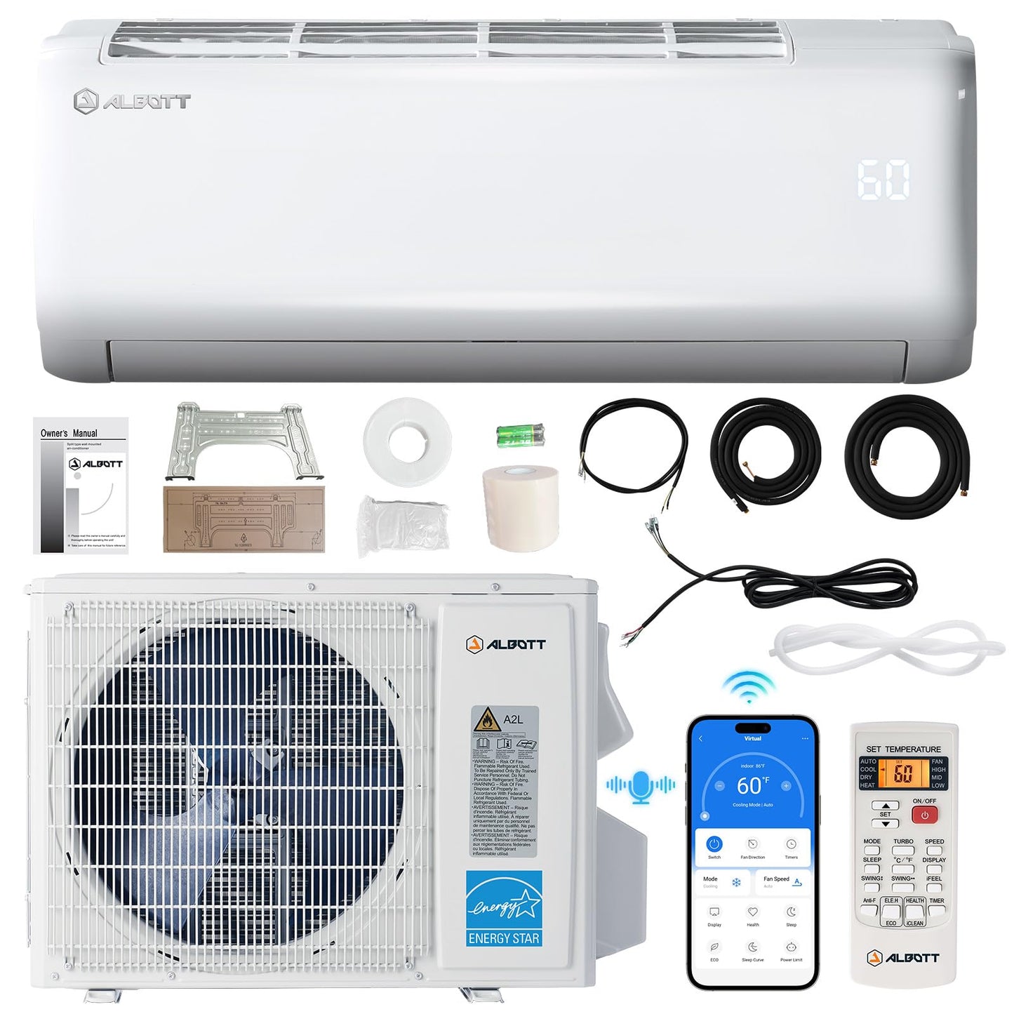 Albott 18000 BTU Mini Split Air Conditioner Heat Pump, SEER2 21, 220V, Energy Star Inverter AC with Wi-Fi Smart Control, Voice A