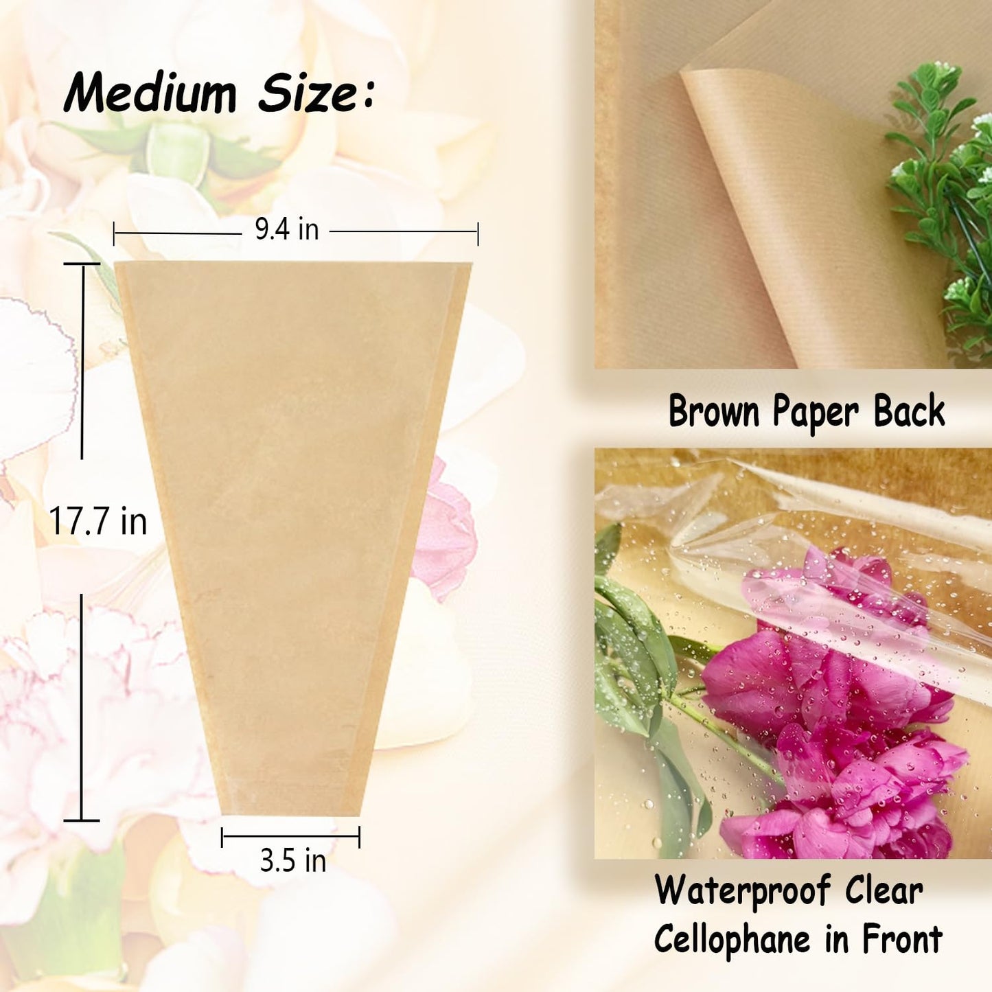 MYGOGOART 50 Pcs Flower Bouquet Wrapping Paper Flower Bags Sleeves for Bouquets Kraft Paper Floral Wrap Bags Flower Bouquet Supplies(9.4 x 17.7 x 3.5 inches)