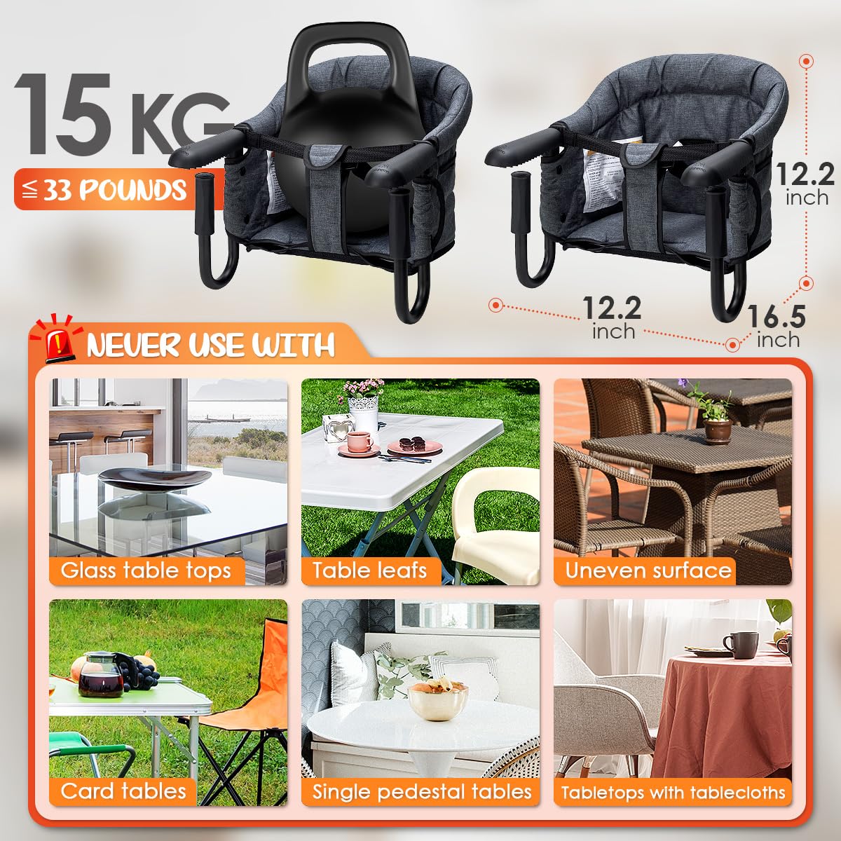 Hook On Chair with Removable Dining Tray,Portable Hook-On Chairs with Storage Bag,for Home and Travel(Grey)