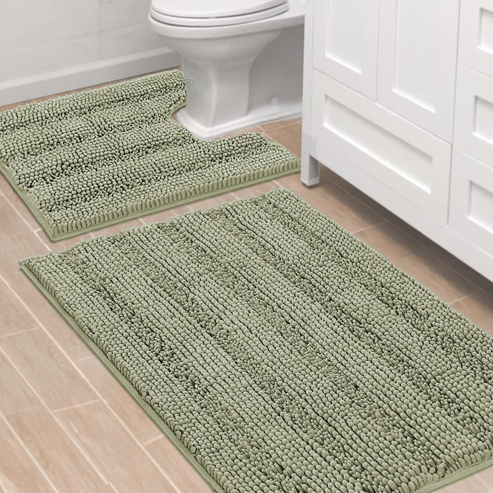 H.VERSAILTEX Bathroom Rug Sets 2 Piece Bath Mats Non Slip Thick Soft Chenille Striped Bath Rug achine Washable Shower Floor Rugs for Tub, Shower and Floor (Eucalyptus Green, 36"x24" Plus 20"x24" U)