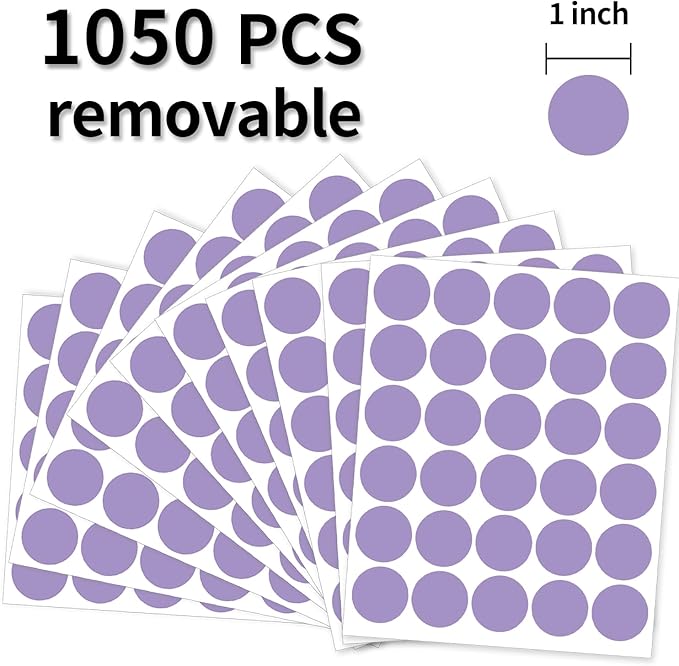 1 Inch Removable Color Code Dot Sticker Round Labels,Garage Sale Stickers Price Tags Label Blank Yard Sale Circle Dot Stickers Removable Writable Not Blurry (1050 Pack,Purple)
