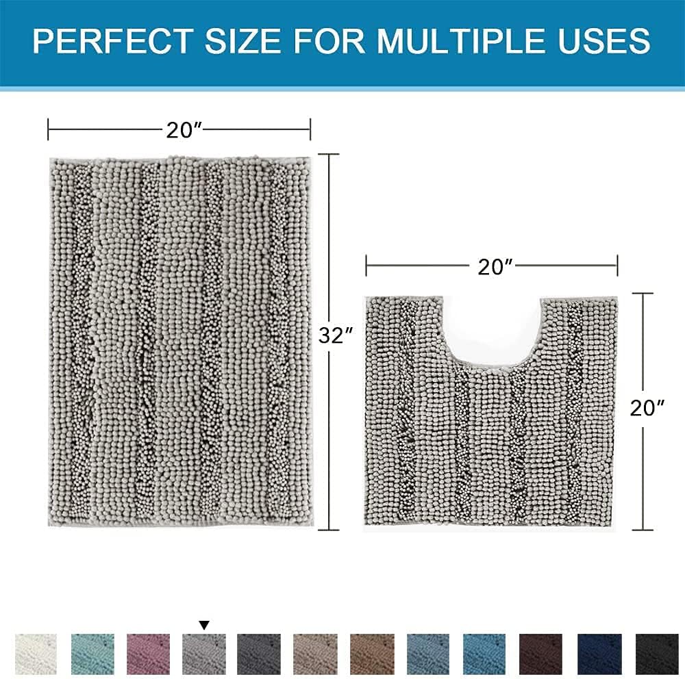 H.VERSAILTEX Bathroom Rugs Bath Rug Set 2 Piece Bathroom Contour Rug Toilet Mat Sets Non Slip Contour Bath Rug Ultra Thick Water Absorbent Striped Bath Mats Washable(20" x 32" Plus 20" x 20" U, Dove)