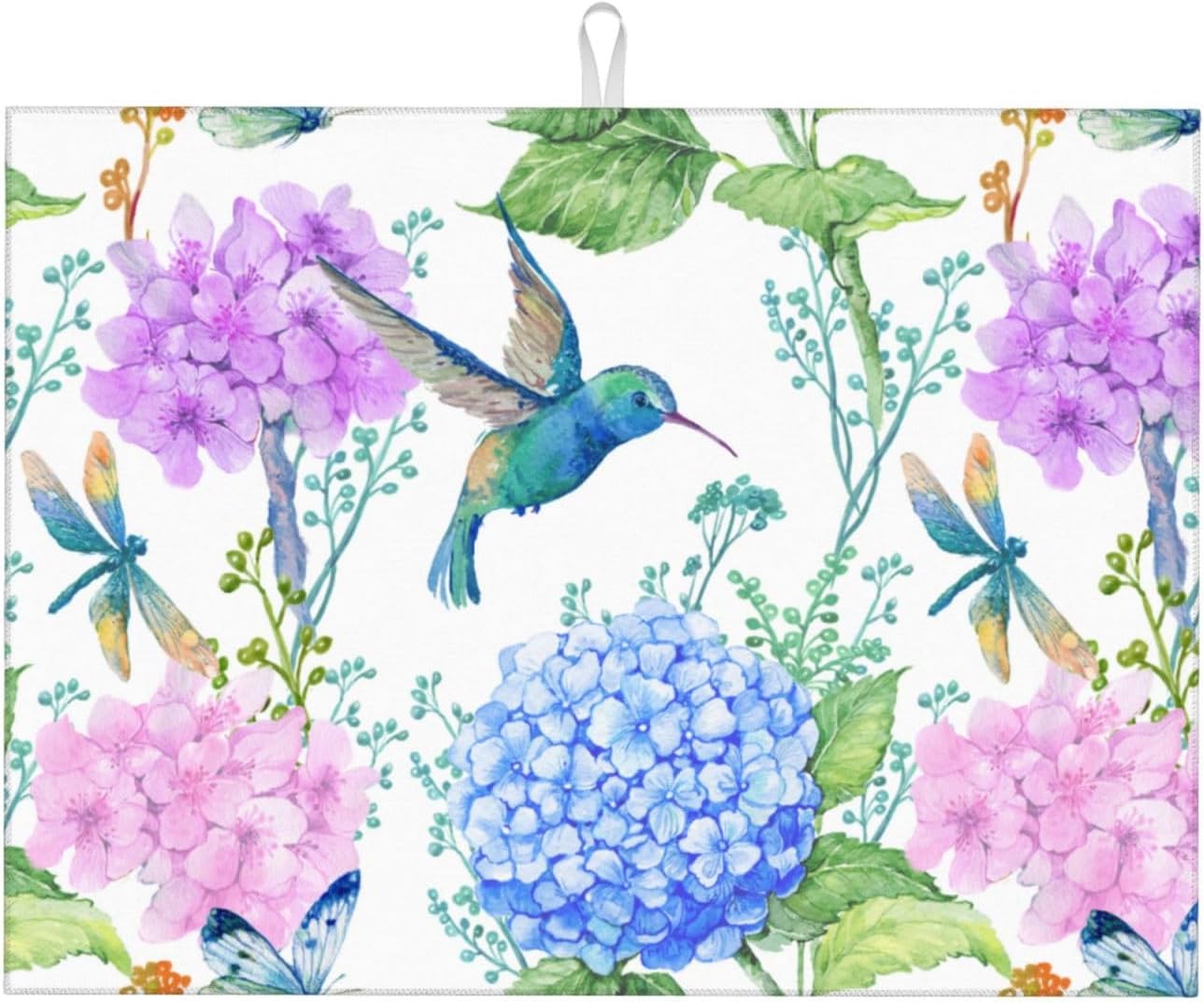 Dish Drying Mat Spring Hummingbird Flower Hydrangea for Kitchen Counter Absorbent Dishes Drainer Microfiber Large 18x24 Inch