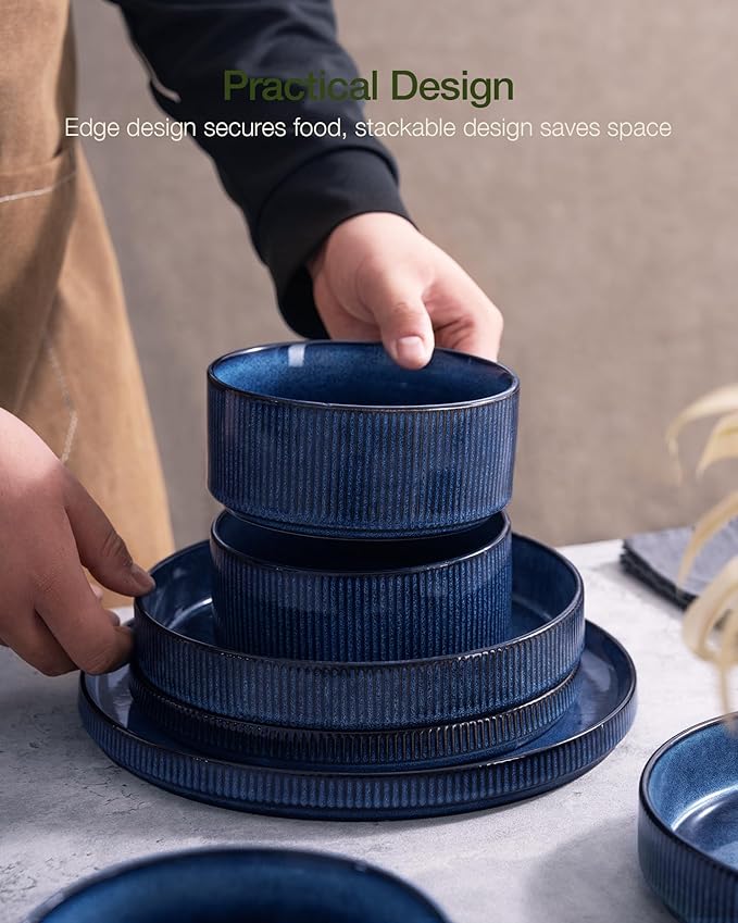 famiware Star Plates and Bowls Sets, Modern Stoneware Dinnerware Sets for 8, 24-Piece Kitchen Dish Set - Microwave and Dishwasher Safe, Chip and Scratch Resistant, Nebulas Blue