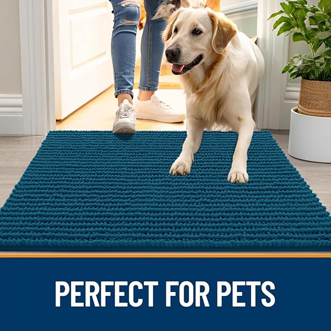OLANLY Dog Door Mat for Muddy Paws 30x20, Ultra Absorbent Chenille Mud Doormat, Non-Slip Washable and Dirt Trapping Doormat for Indoor Entryway, Quick-Dry Indoor Pet Bed Mats for Dogs, Atlantic Blue