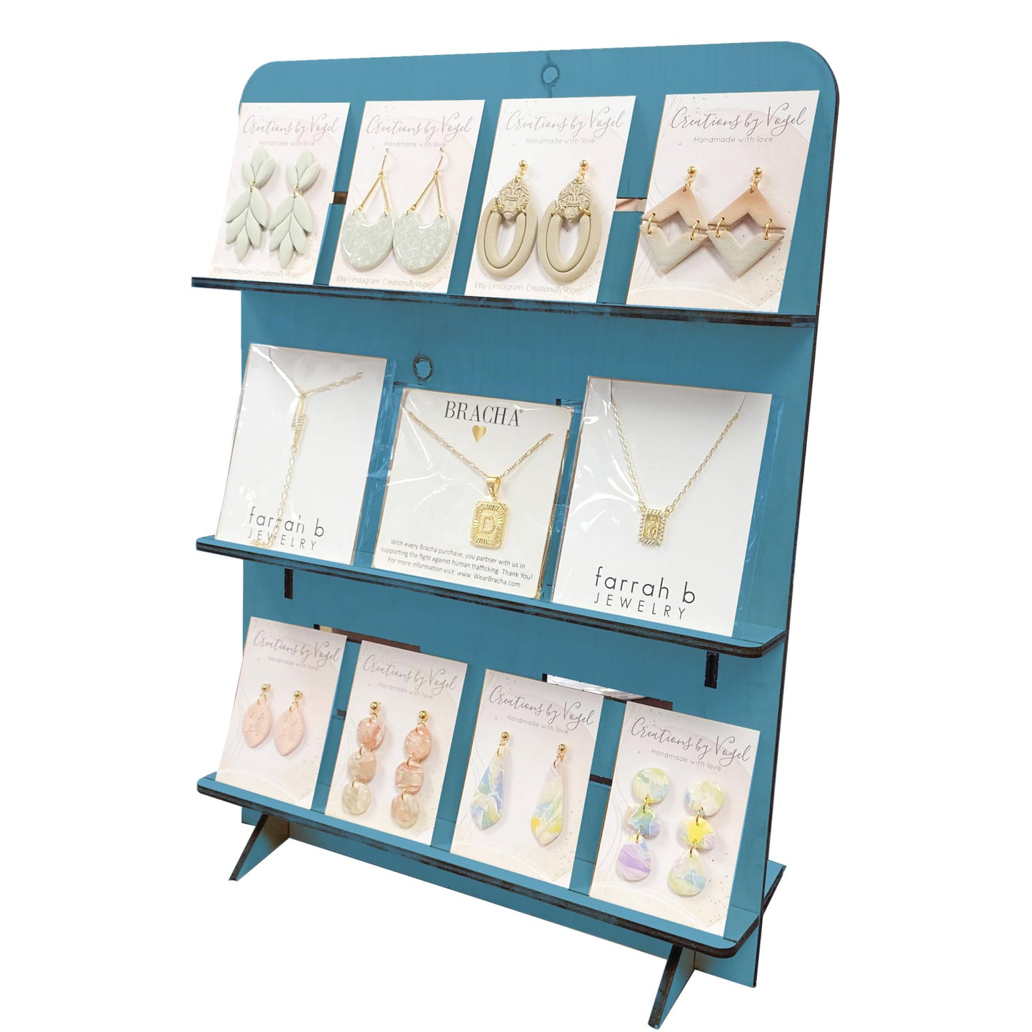 TORCHED DISPLAYS Jewelry Holder Necklace Organizer | Earring Display Stands for Selling | 3-Tiered Wooden Jewelry Holder Stand for Shops, Boutiques, Festivals | Display Rack Wood Stand | Blue