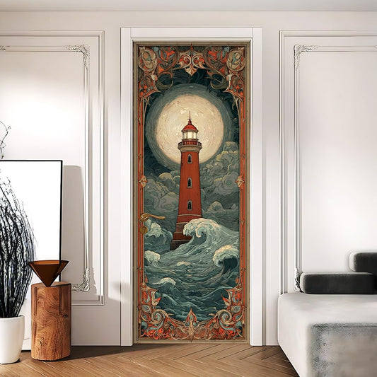 Cmialusie Peel and Stick Door Wallpaper 30.31 x 78.74 Inch Vintage Lighthouse Ocean Wave Decorative Door Cover for Bedroom Home