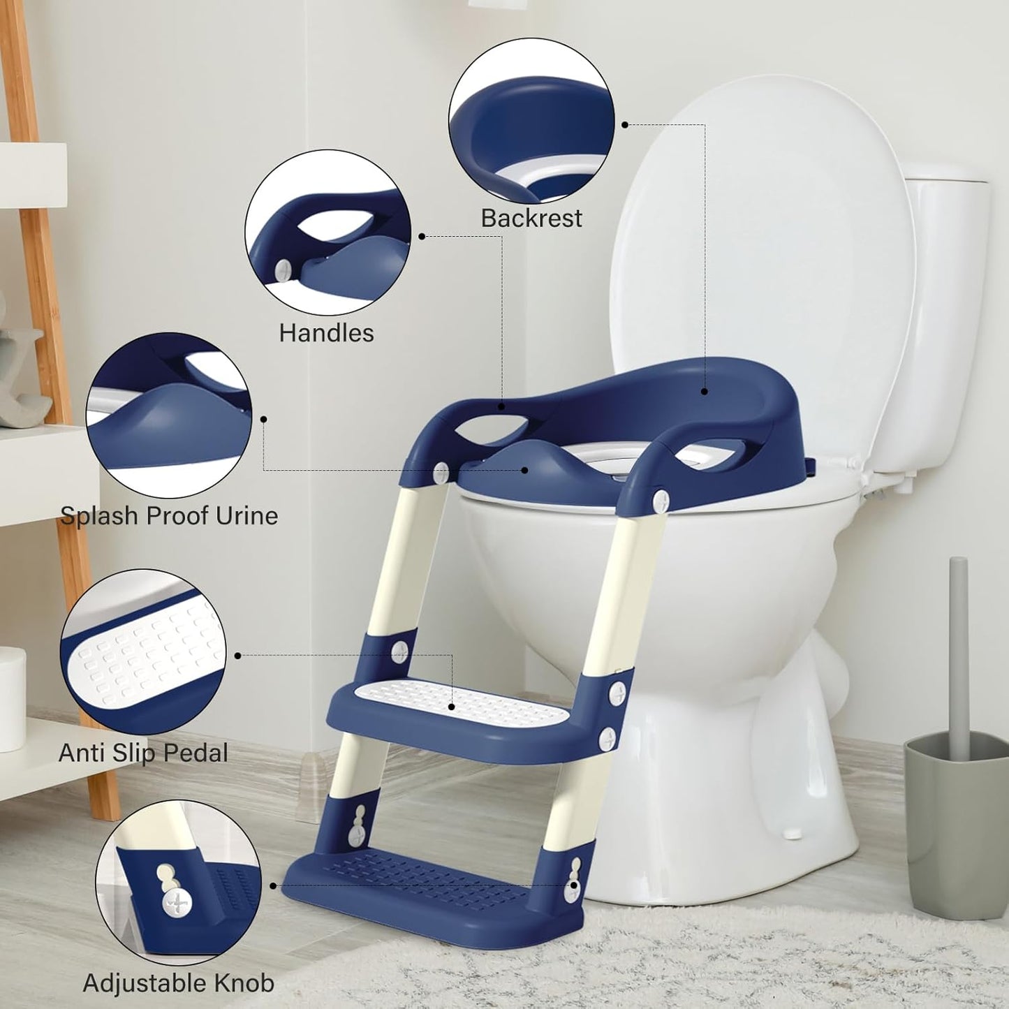Potty Training Seat with Step Stool Ladder, Adjustable Foldable Potty Seat for Toilet with Anti-Slip Pads Ladder for Kids Boys Girls Toddlers - Navy Blue