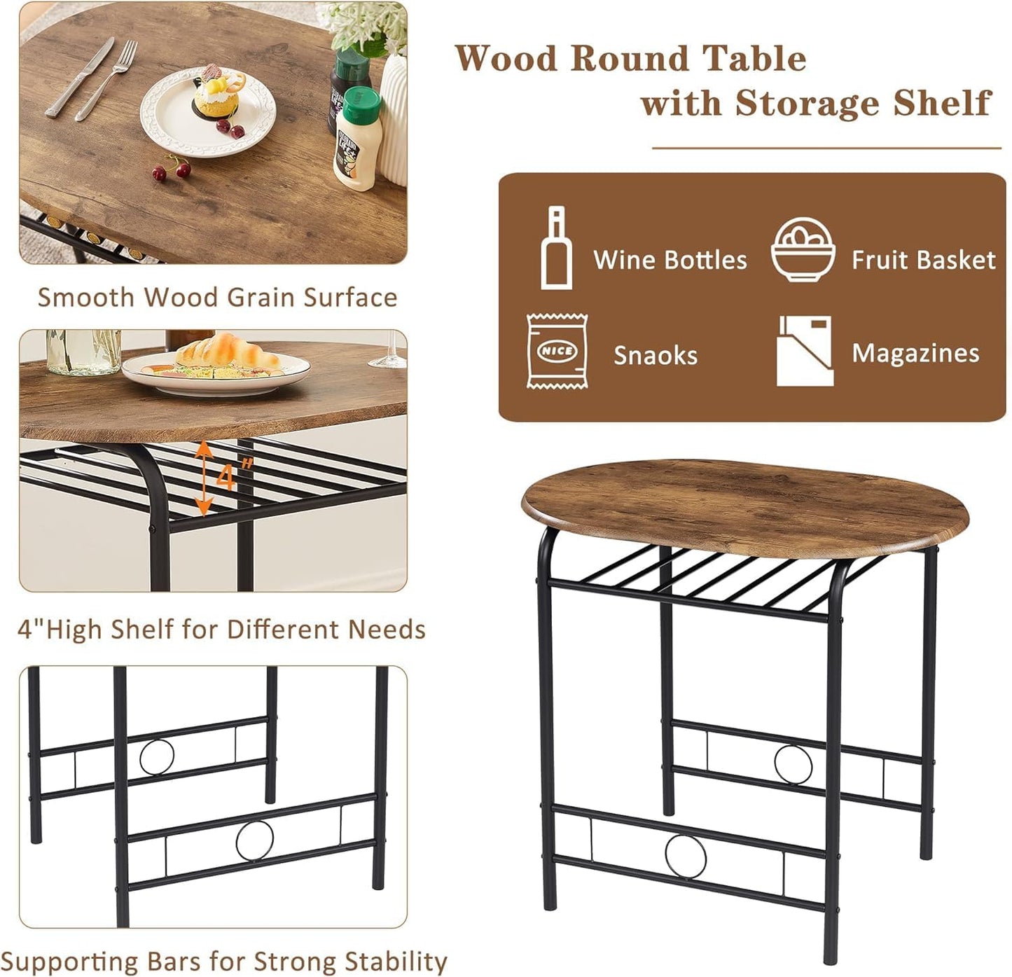 VECELO 3-Piece Dining Table Set for Kitchen Breakfast Nook, Wood Grain Oval Tabletop and Metal Frame with Built-in Wine Rack, for Small Spaces, 31.5", Antique & Black