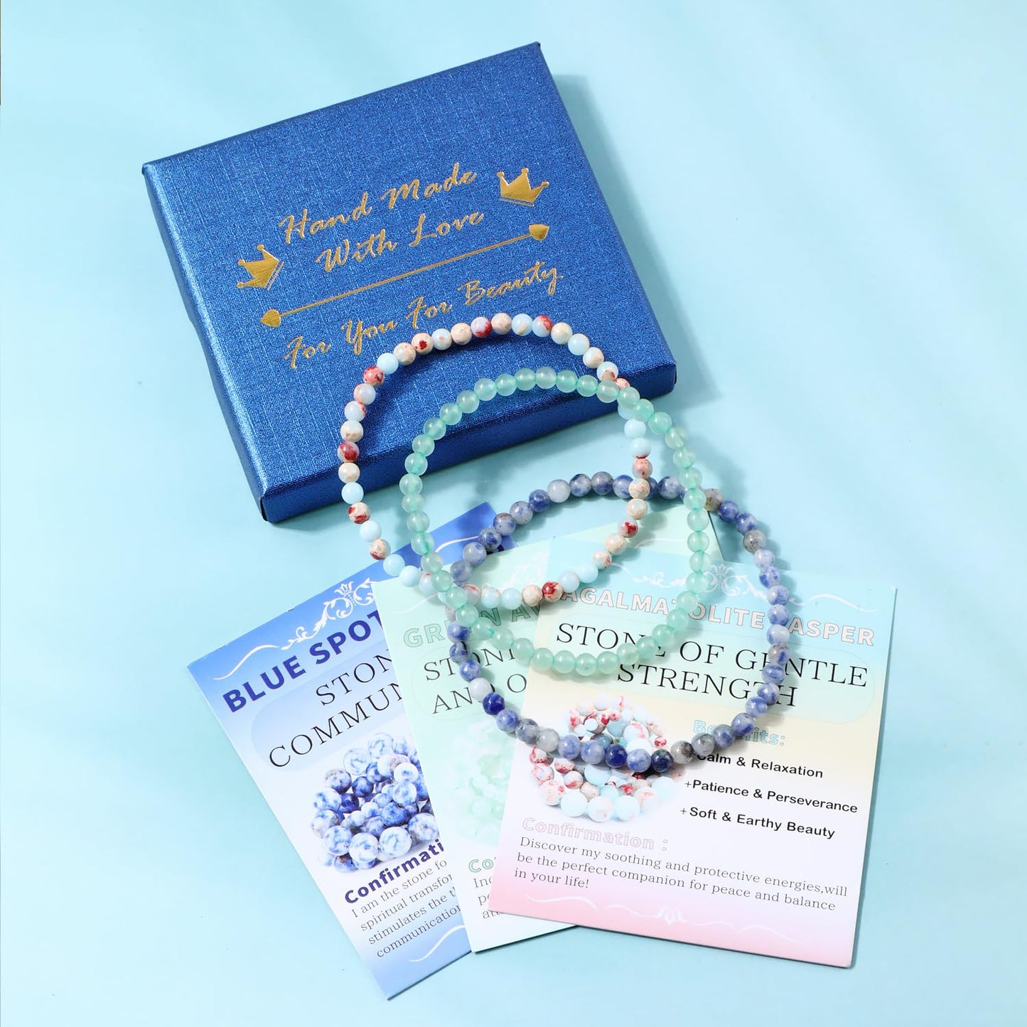 NCB 3-Piece 4mm Natural Crystal Gemstone Stretch Bracelets – ﻿Agalmatolite Jasper, Blue Spot, Green Aventurine Handmade Reiki Energy Healing Jewelry for Meditation,Yoga, Unisex