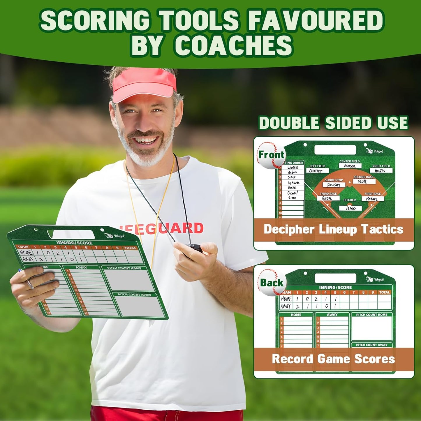 WISYOK Double-Sided Magnetic Baseball Lineup Board for Dugout, Includes 40 Lineup Cards, Dry Erase Clipboard for Scoring, Coach’s Baseball Board