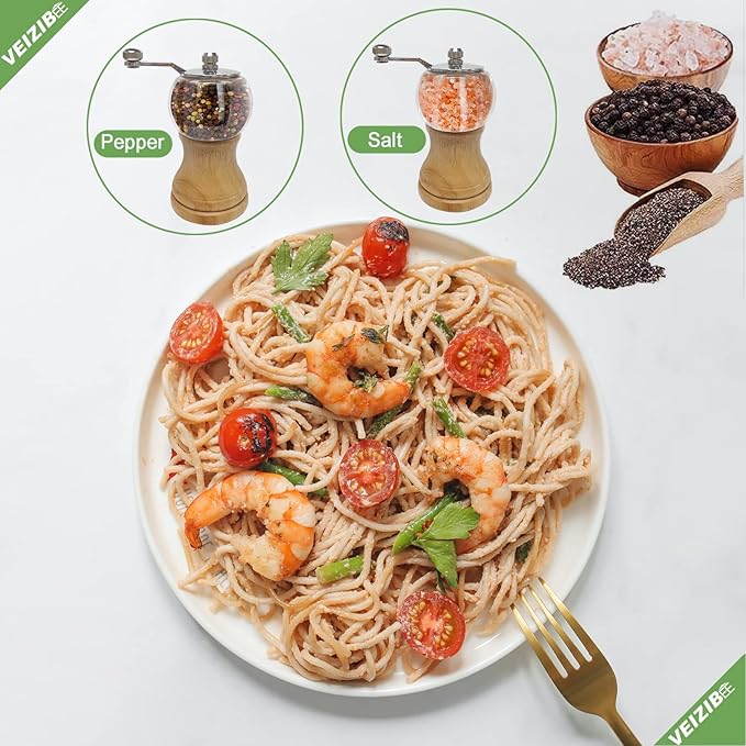 Salt and Pepper Grinder Set Manual Pepper Mill Set Classical Hand Shake Wooden Salt Mill Acrylic Ceramic Blades Upgrade Metal Handle, Enjoy Fresh Ground Pepper Salt Various Spices (2pcs-5in)