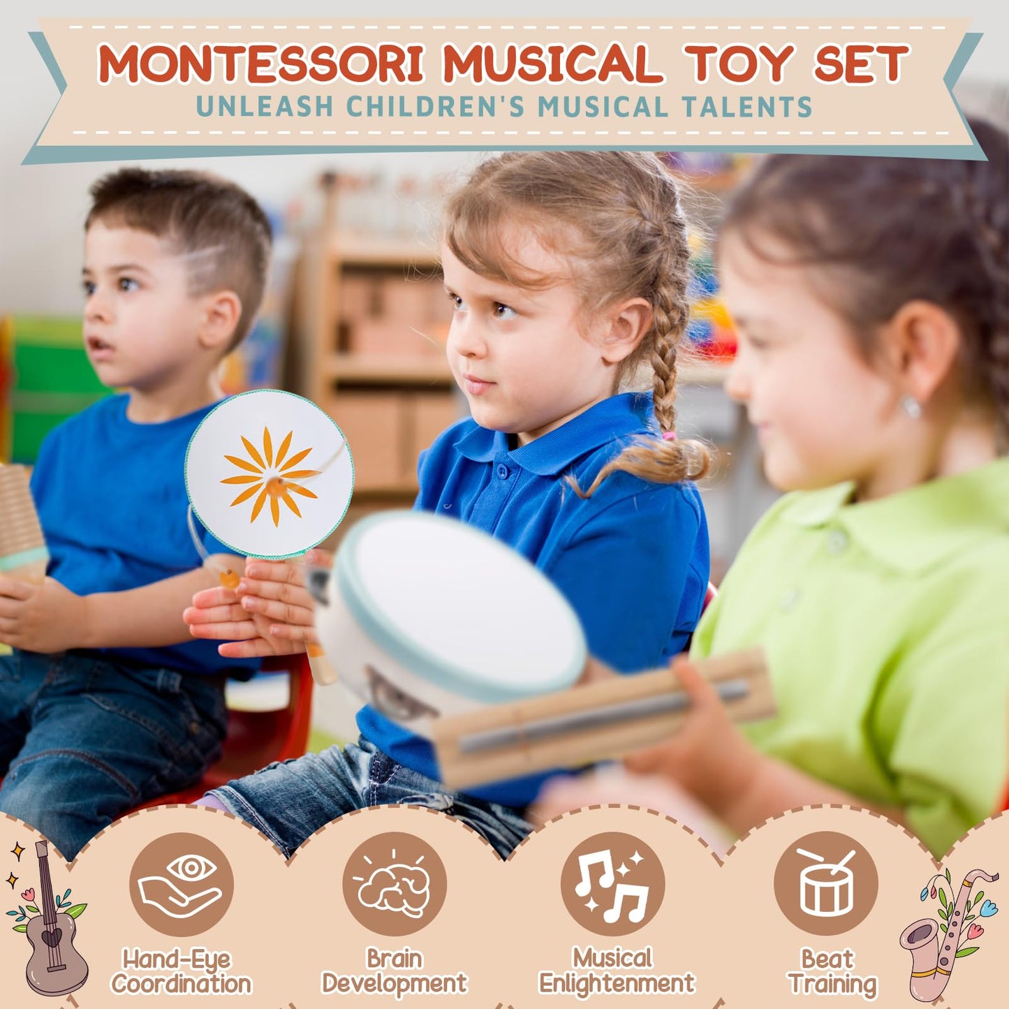 Baby Musical Instruments - Montessori Musical Toys for Toddlers 1-3, Wooden Percussion Instruments Set, Kids Preschool Educational Music Learning Toys, Birthday Gifts for Boys Girls (Neutral)