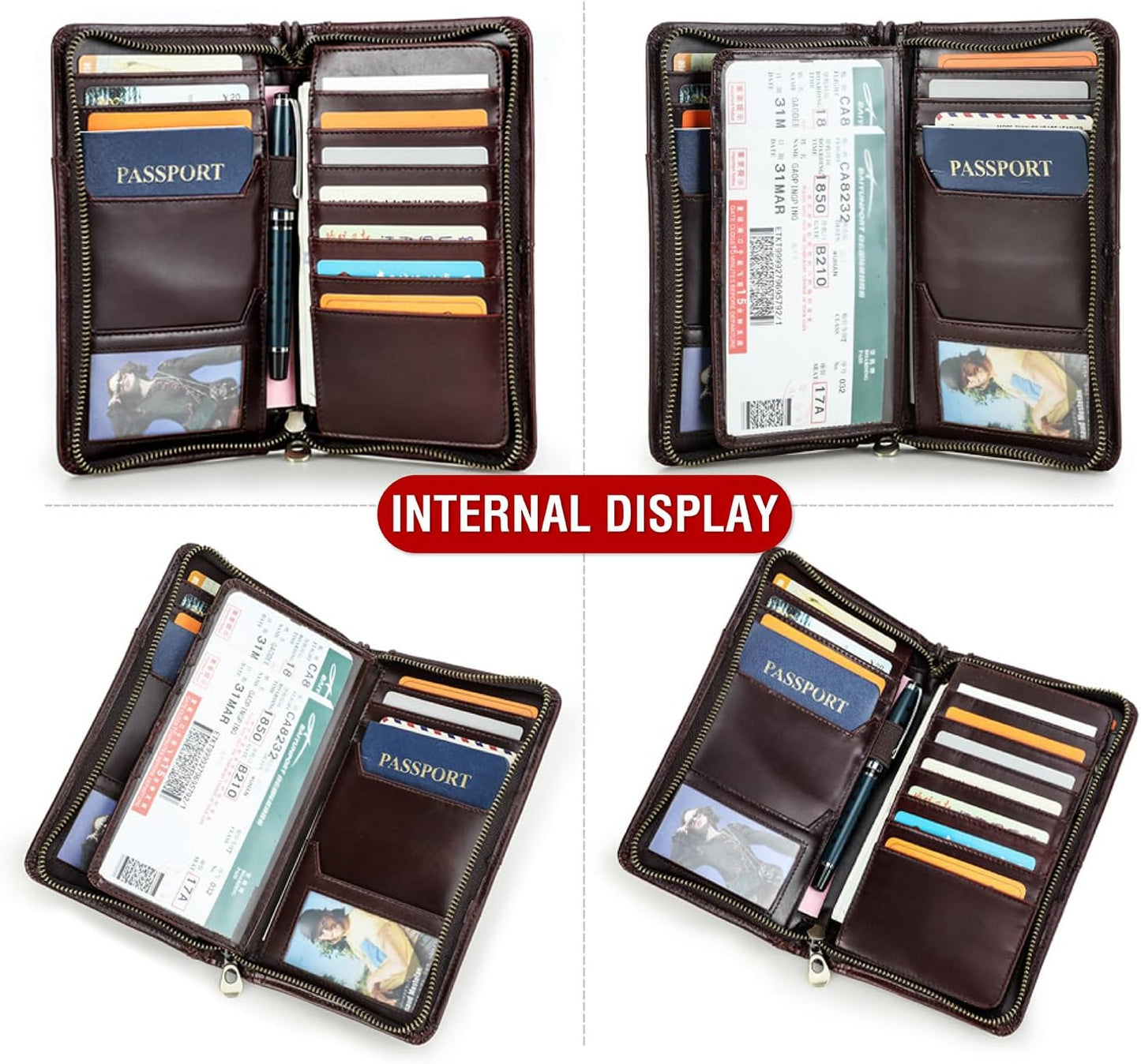 Top Grain Leather Travel Passport Wallet Holder for Man & Woman, Handmade with Three-Layer for 4 Passports & Multi Cards, RFID Blocking Large Capacity for Cards/Passports/Tickets, Coffee