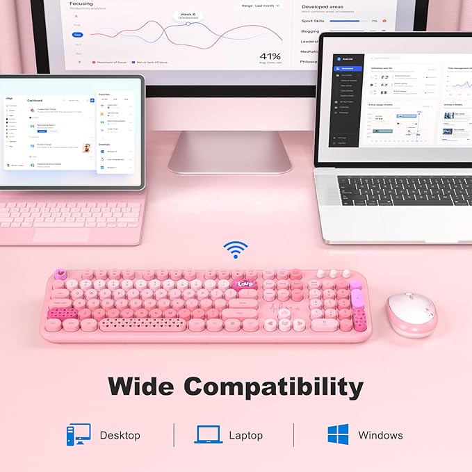 Wireless Keyboard and Mouse, Typewriter Full Size Keyboard with Number Pad and 2 in 1 USB Connected Mouse for Windows 7/8/10, Laptop, Desktop, PC, Computer (Pink Colorful)