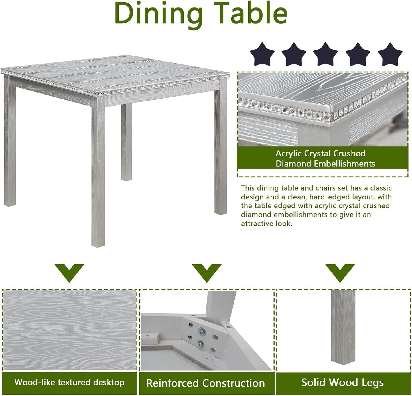KEIKI 5-Piece Standard Height Dining Table Set with Square Table and 4 Upholstered Chair, for 4 Person, Classic Crystal Decoration Wood Table Set, Easy Assembly, for Kitchen, Dining Room, Silver Grey