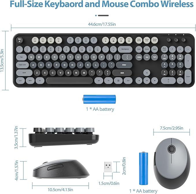 Owpkeenthy Retro Keyboard and Mouse Wireless, Cute Black Keyboard with Retro Typewriter Style Full-Sized with Number Pad Round Keys for Desktop, Laptop and Computerr (Gradient Dark)