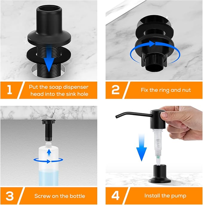 Built in Soap Dispenser for Kitchen Sink Matte Black Stainless Steel Pump Head, Counter Soap Dispenser Refill from The Top with 17 Oz PE Bottle